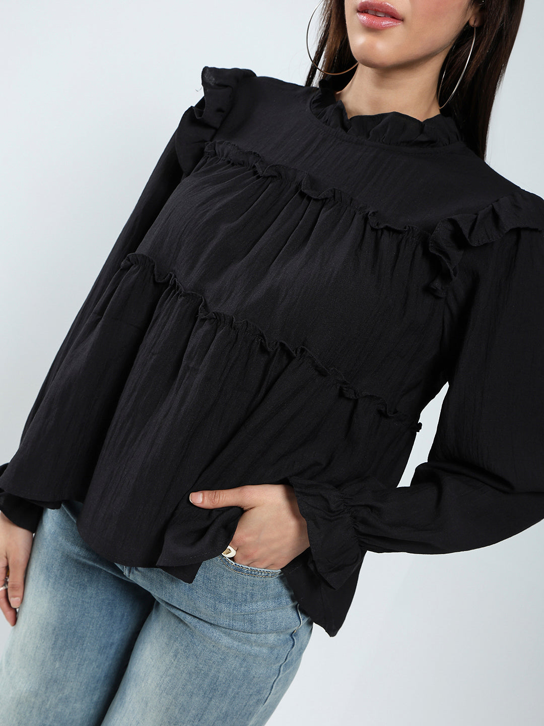 Black Ruffled Tiered Long Sleeve Flowy Top