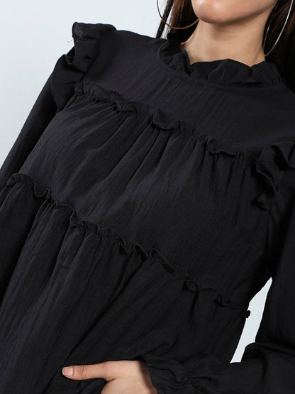 Dark Black Ruffled Tiered Long Sleeve Flowy Top