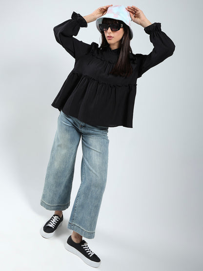 Black Ruffled Tiered Long Sleeve Flowy Top