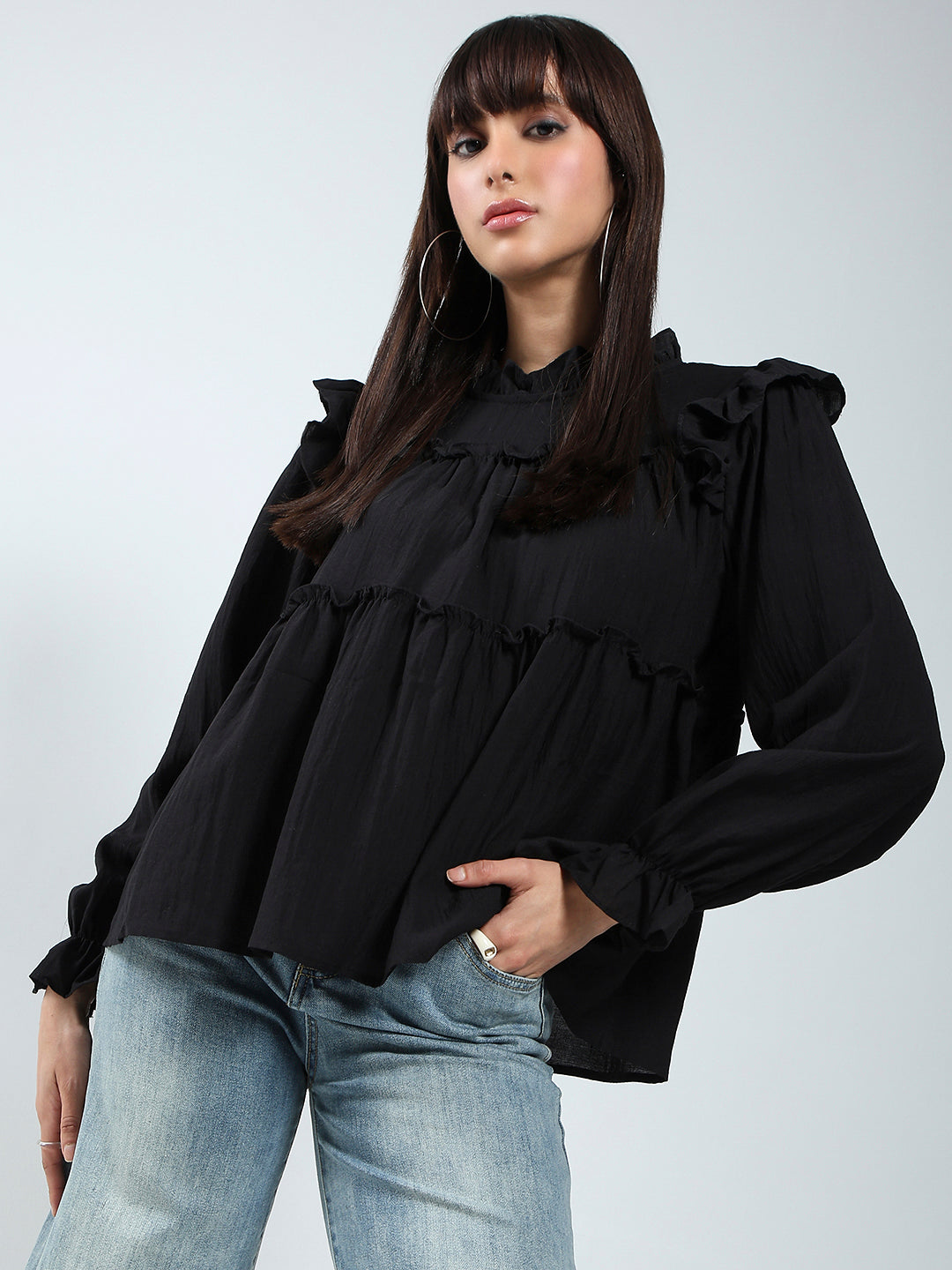 Black Ruffled Tiered Long Sleeve Flowy Top