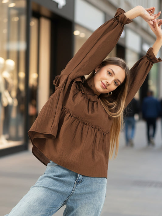 Dark Brown Ruffled Tiered Long Sleeve Flowy Top