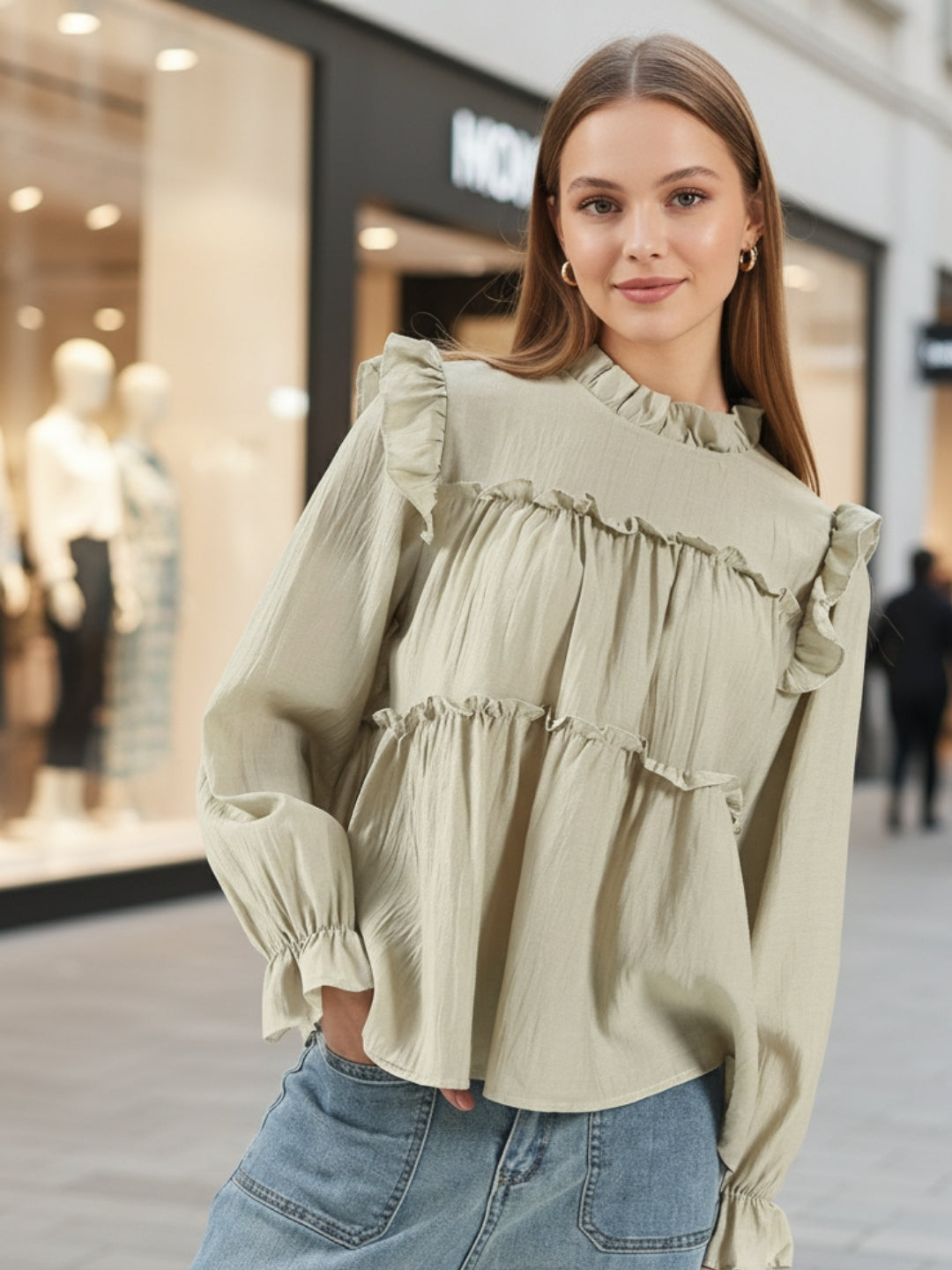 Dark Pista Ruffled Tiered Long Sleeve Flowy Top