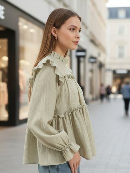 Dark Pista Ruffled Tiered Long Sleeve Flowy Top