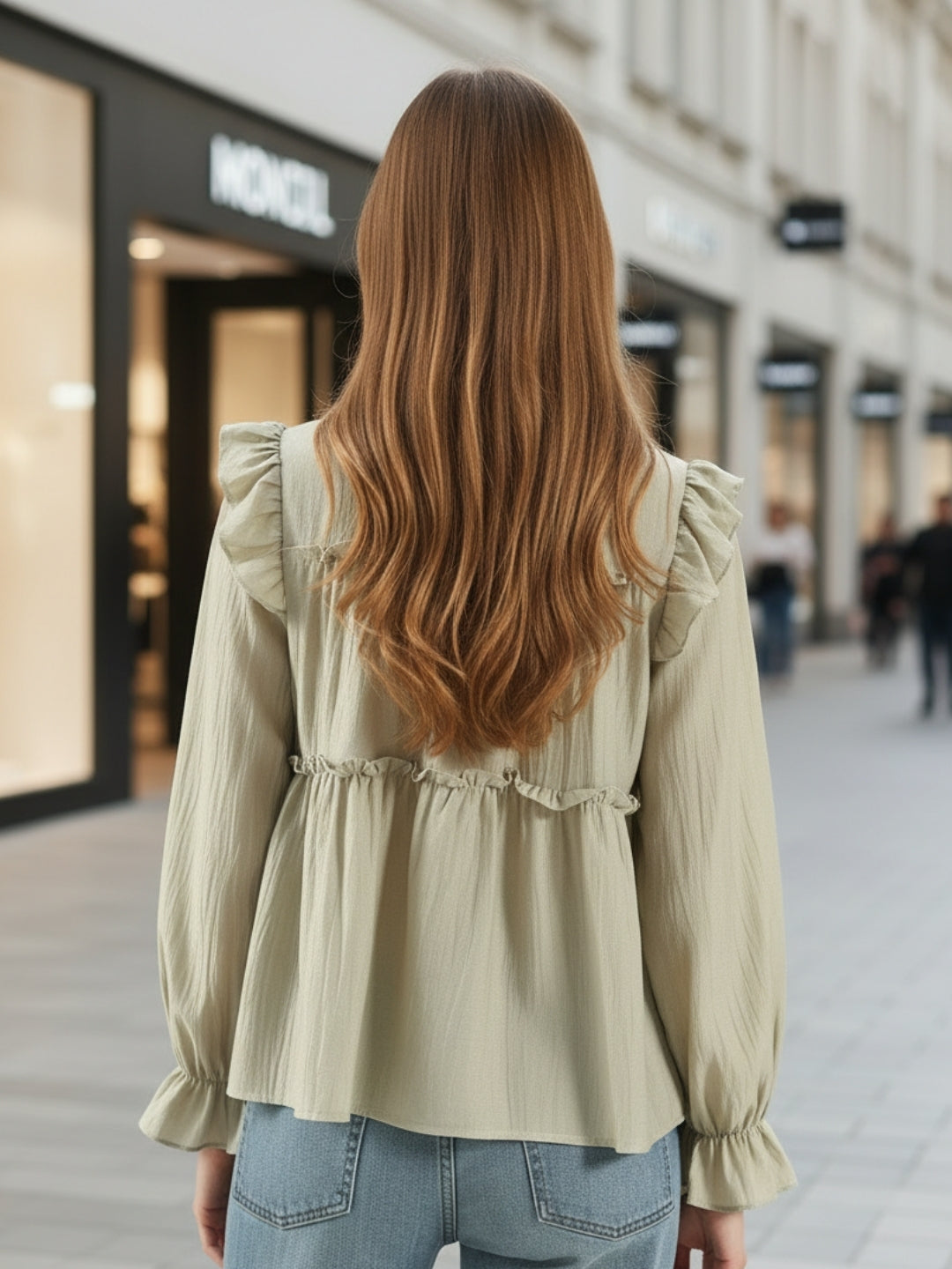 Dark Pista Ruffled Tiered Long Sleeve Flowy Top