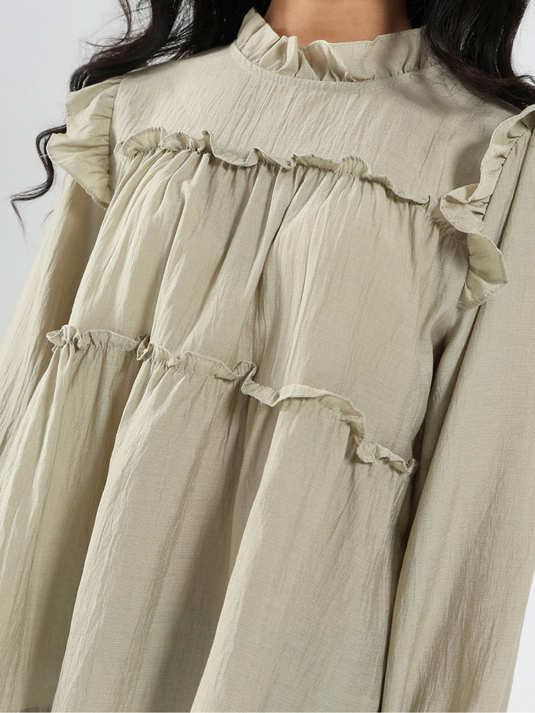 Dark Pista Ruffled Tiered Long Sleeve Flowy Top