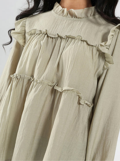 Dark Pista Ruffled Tiered Long Sleeve Flowy Top