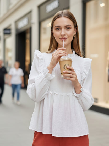 Dark White Ruffled Tiered Long Sleeve Flowy Top