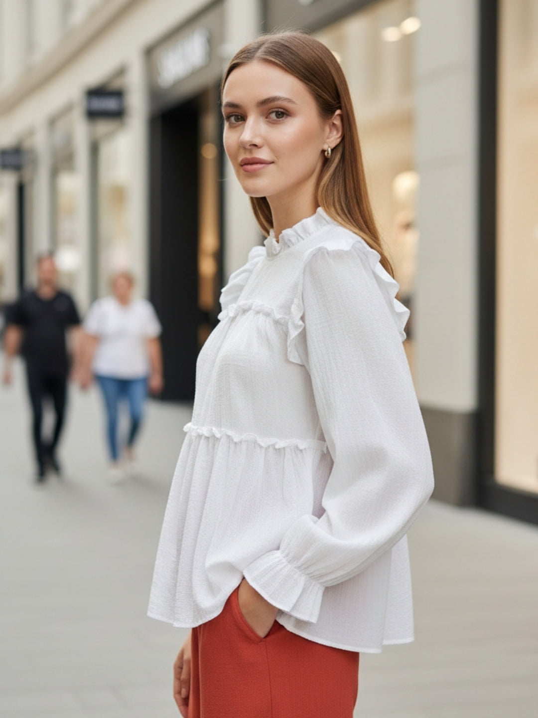 Dark White Ruffled Tiered Long Sleeve Flowy Top