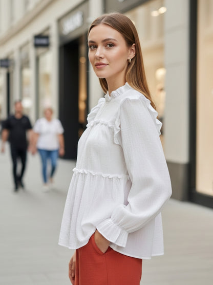 Dark White Ruffled Tiered Long Sleeve Flowy Top