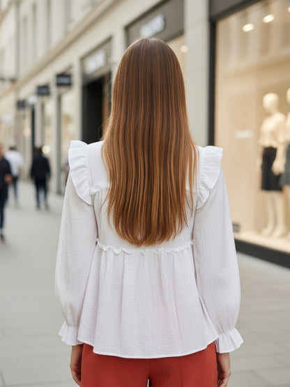 Dark White Ruffled Tiered Long Sleeve Flowy Top