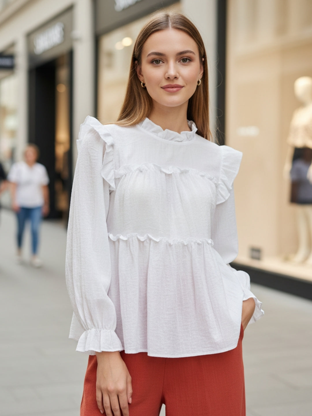 Dark White Ruffled Tiered Long Sleeve Flowy Top