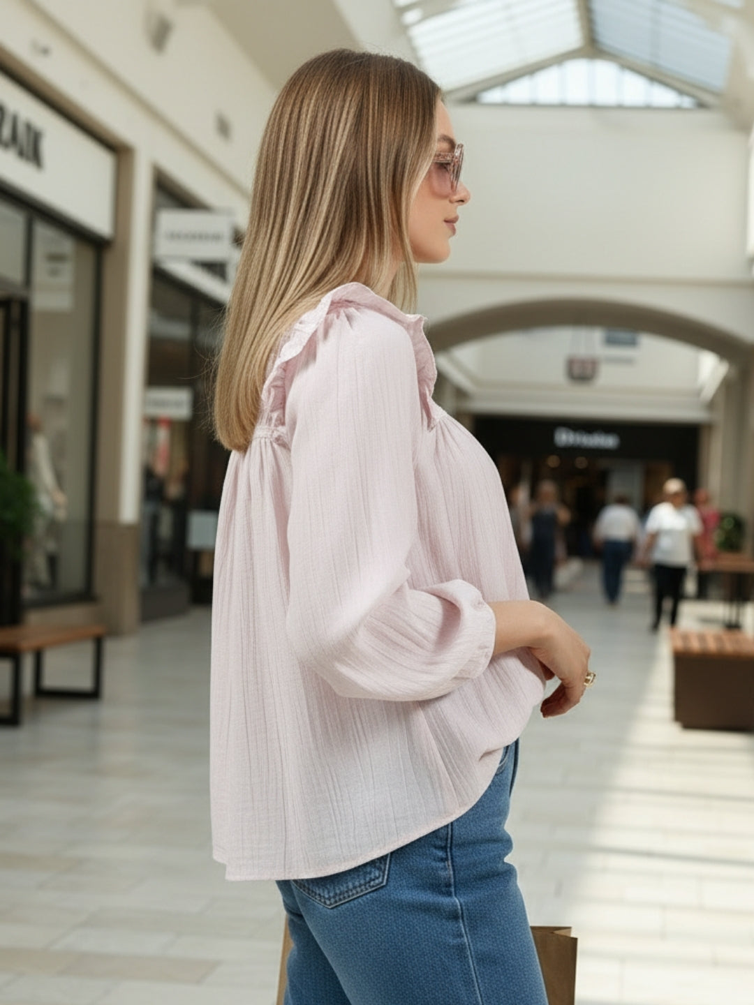 Blush Pink Cotton Nylon Ruffled Button-Front Top