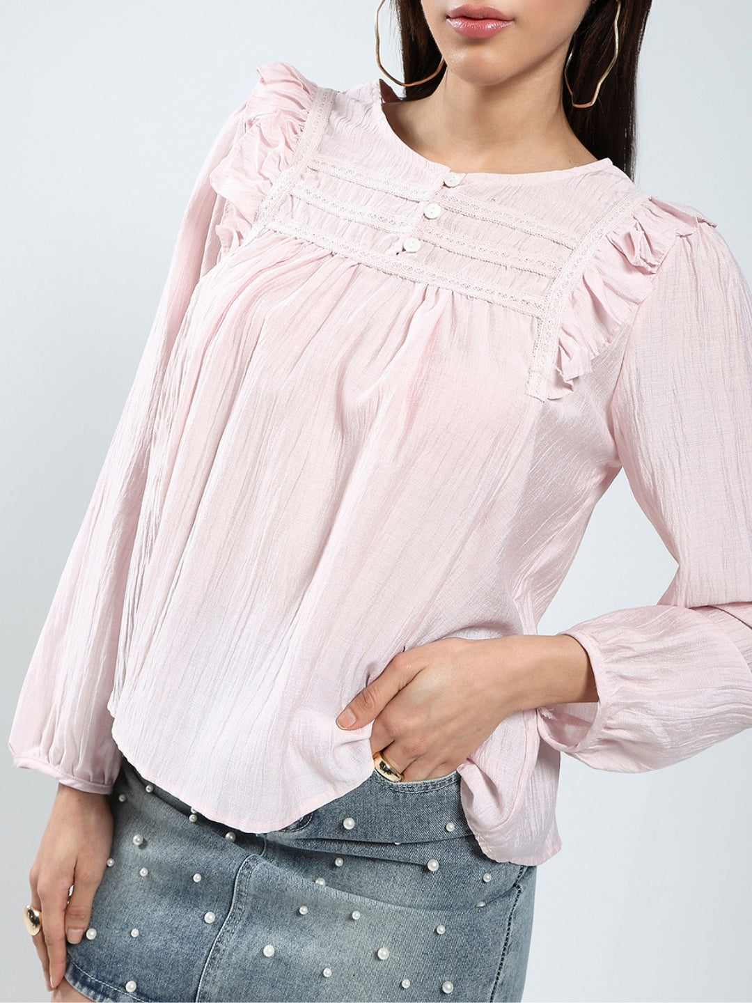 Blush Pink Cotton Nylon Ruffled Button-Front Top