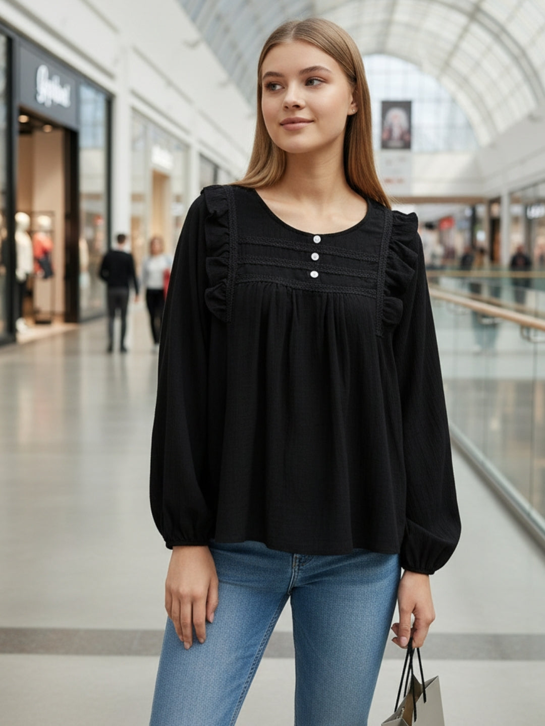 Black Cotton Nylon Ruffled Button-Front Top