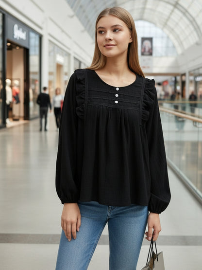 Black Cotton Nylon Ruffled Button-Front Top