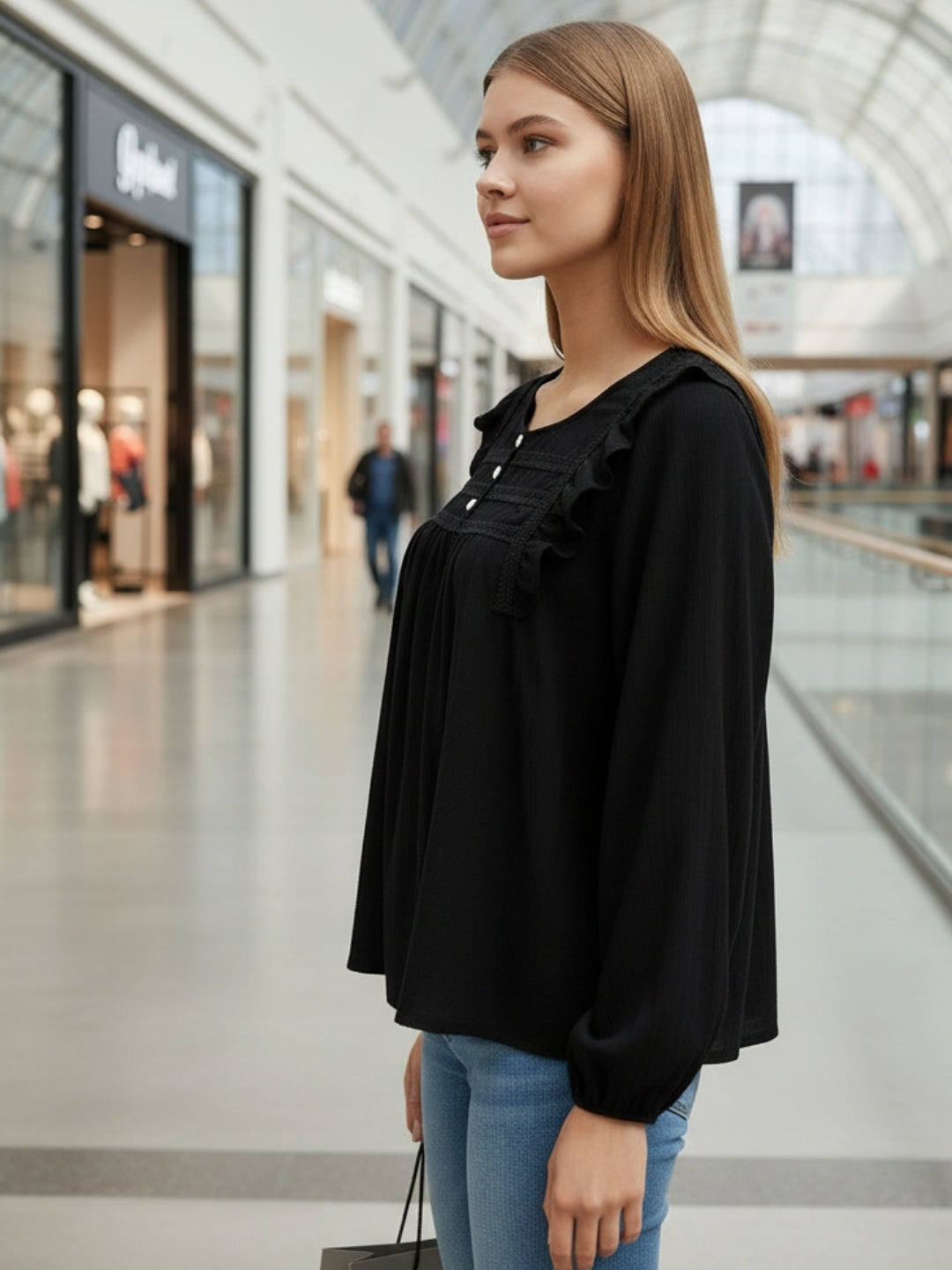 Black Cotton Nylon Ruffled Button-Front Top