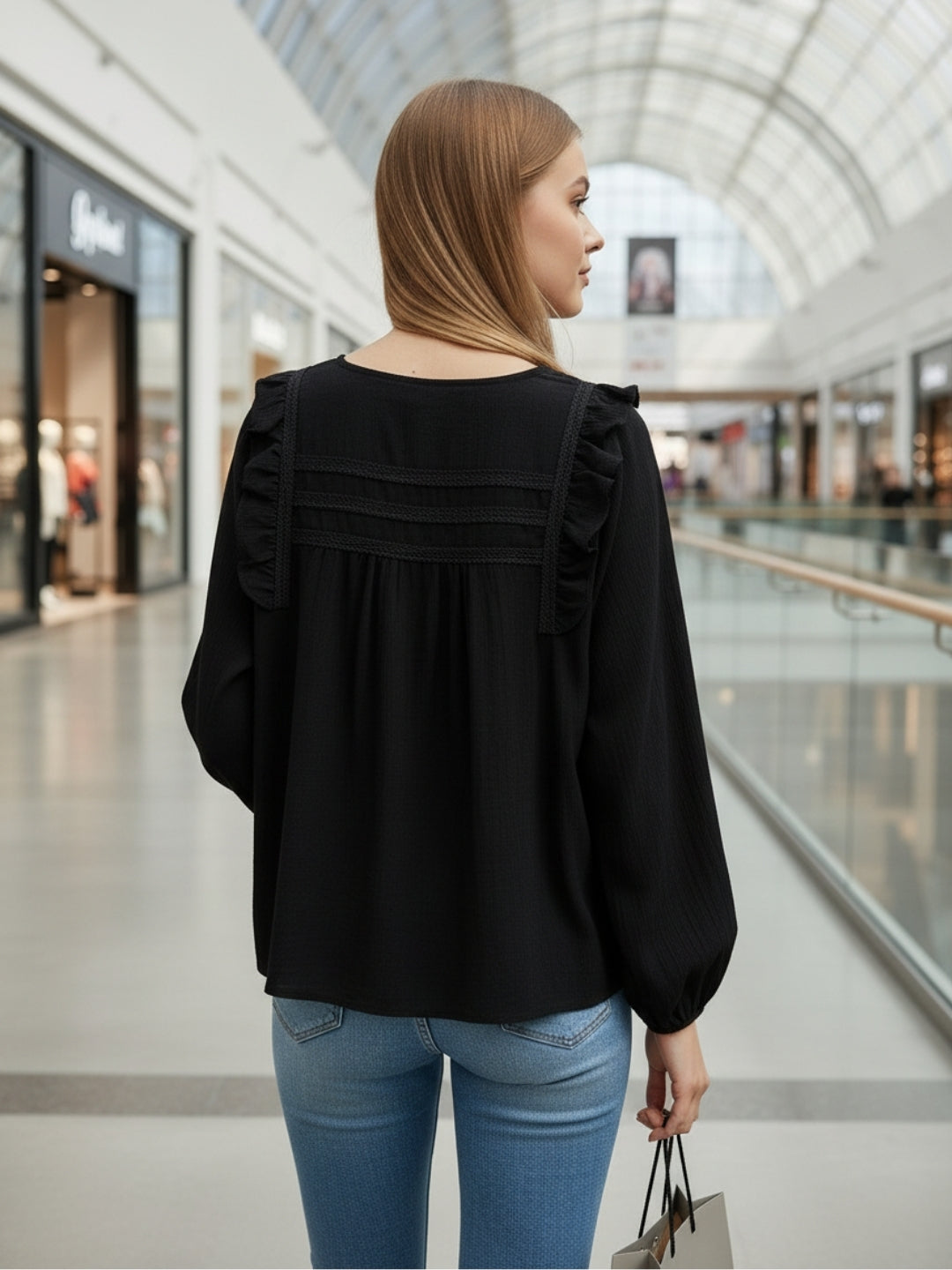 Black Cotton Nylon Ruffled Button-Front Top