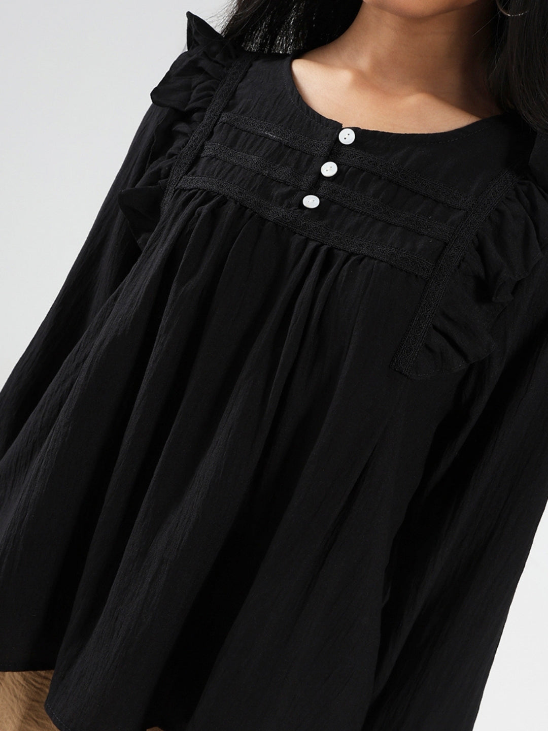 Black Cotton Nylon Ruffled Button-Front Top