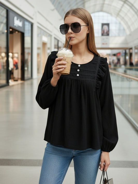 Black Cotton Nylon Ruffled Button-Front Top