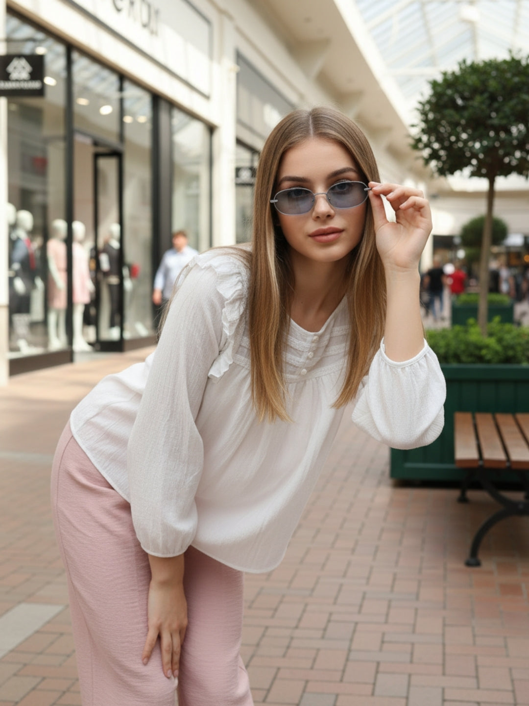 White Cotton Nylon Ruffled Button-Front Top