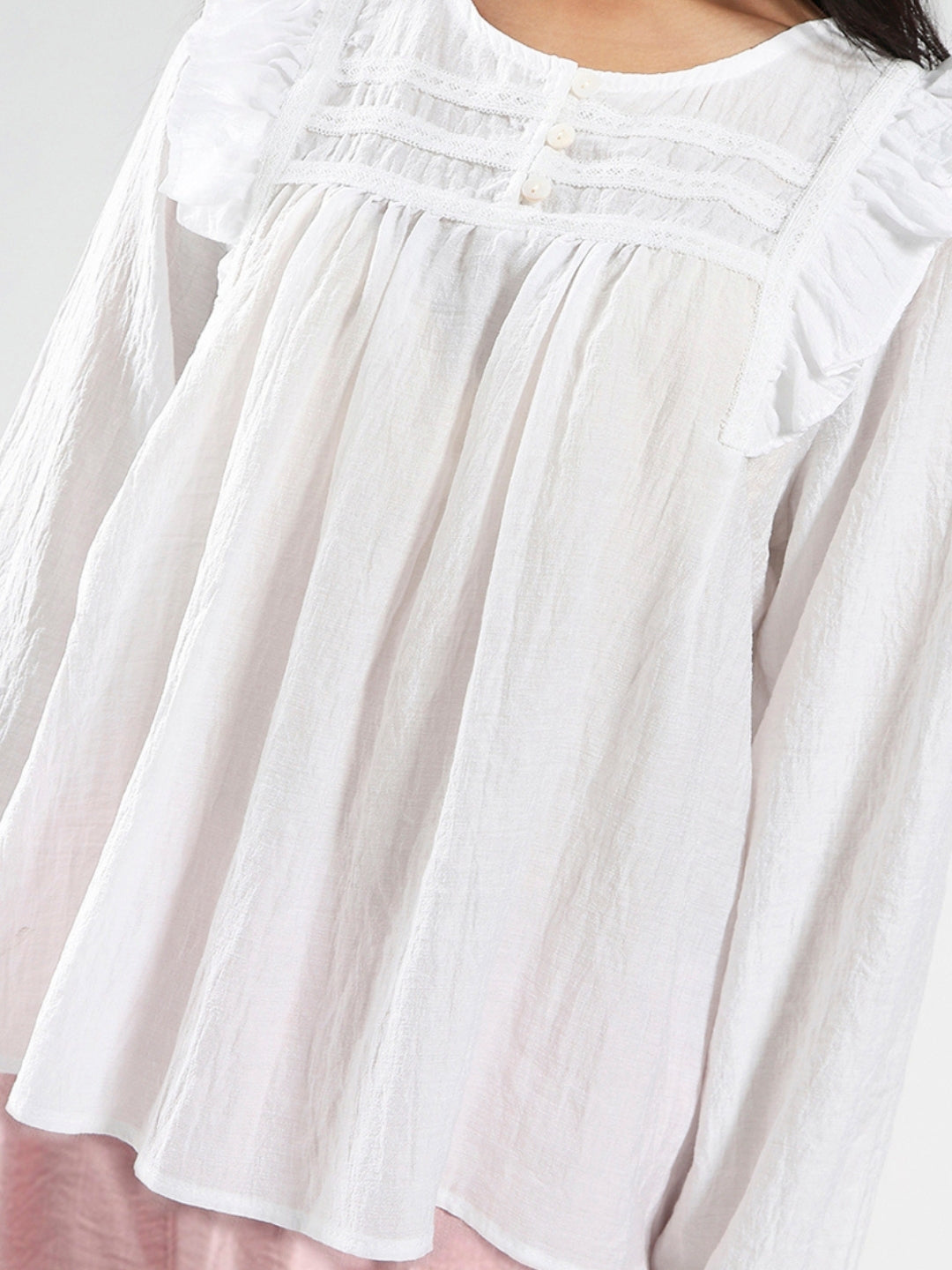 White Cotton Nylon Ruffled Button-Front Top
