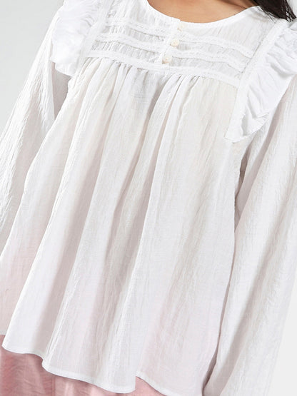 White Cotton Nylon Ruffled Button-Front Top