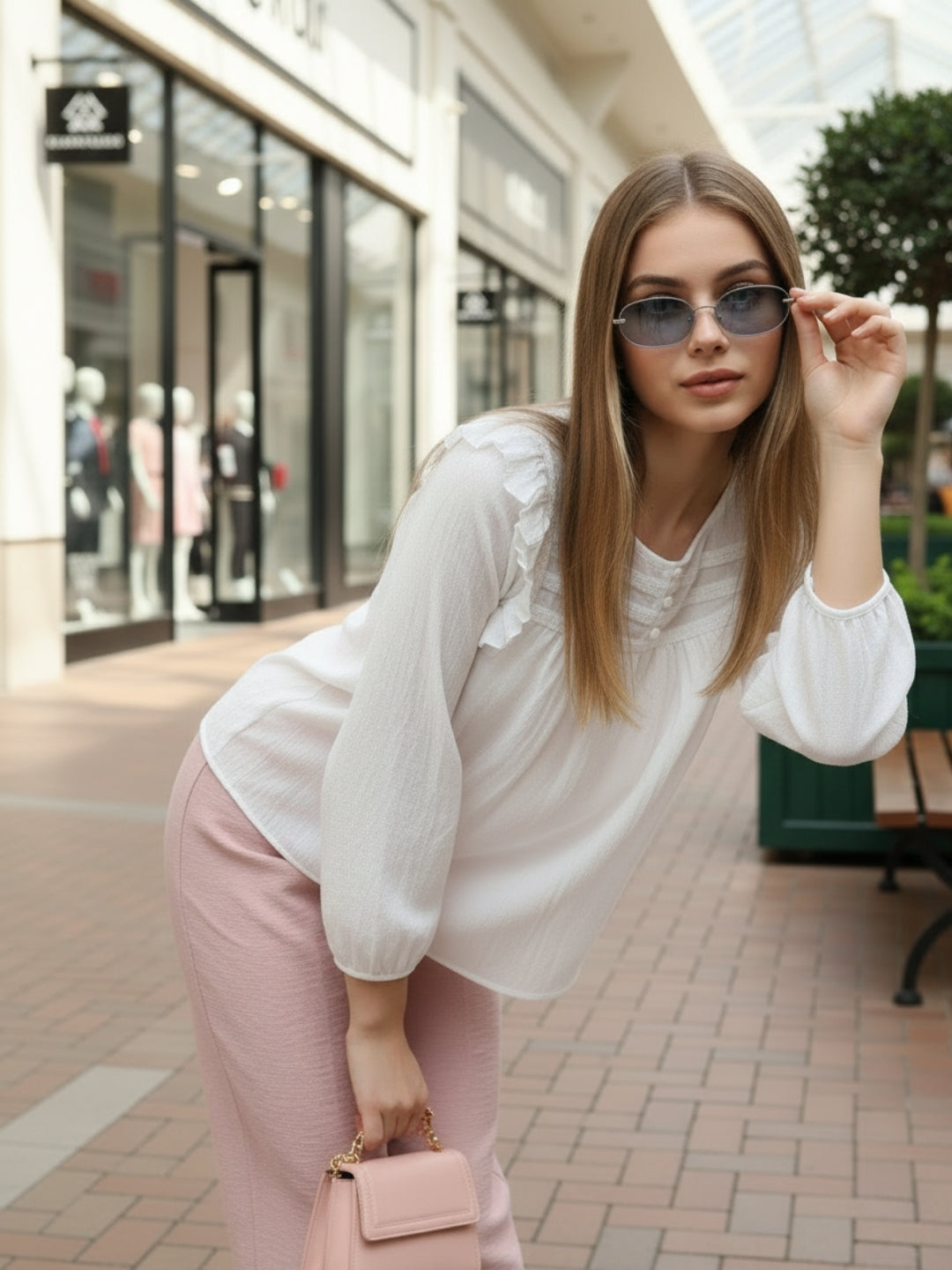 White Cotton Nylon Ruffled Button-Front Top