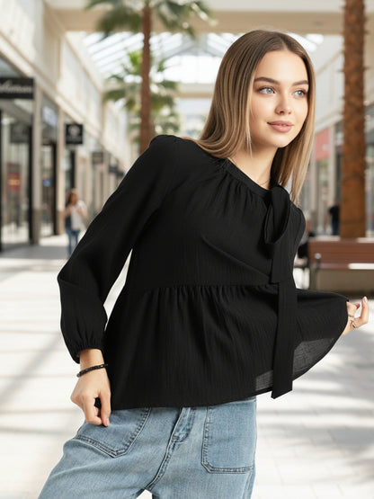 Black Bow Tie Peplum Stylish Top