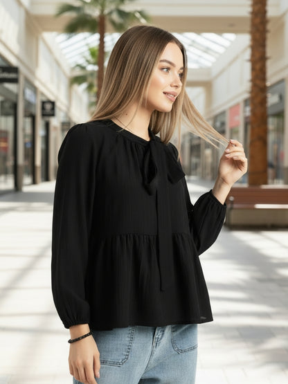 Black Bow Tie Peplum Stylish Top
