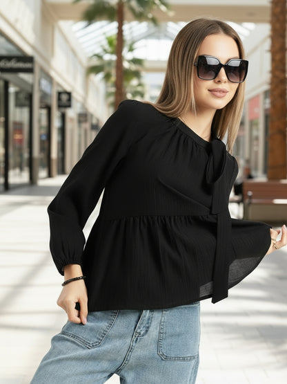 Black Bow Tie Peplum Stylish Top