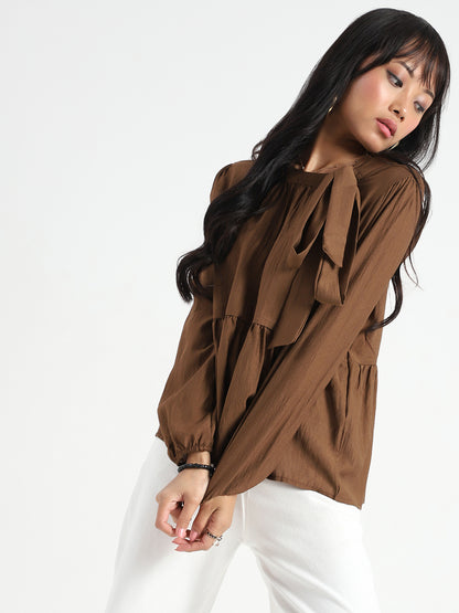 Dark Brown Bow Tie Peplum Stylish Long Sleeve Top