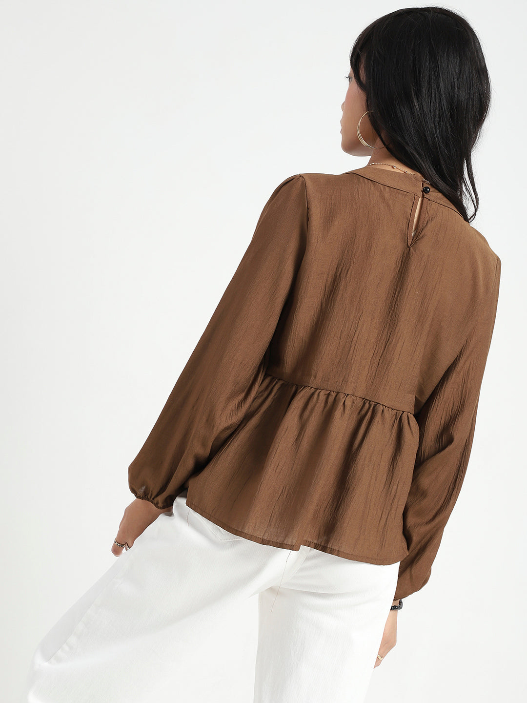 Dark Brown Bow Tie Peplum Stylish Long Sleeve Top