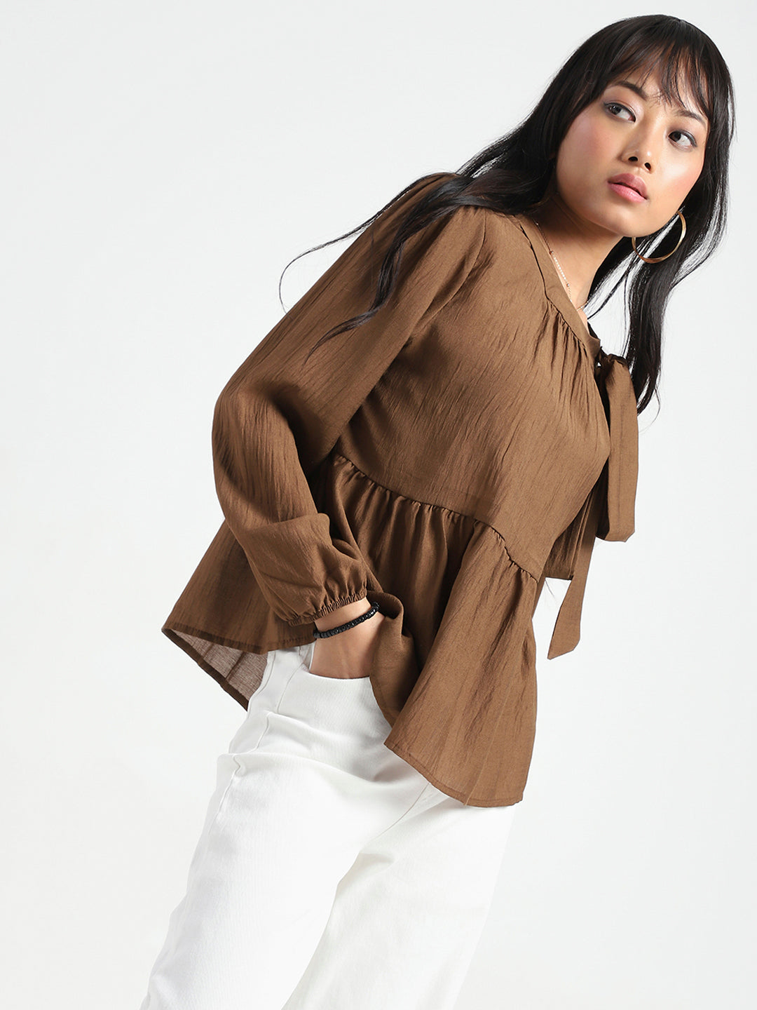 Dark Brown Bow Tie Peplum Stylish Long Sleeve Top