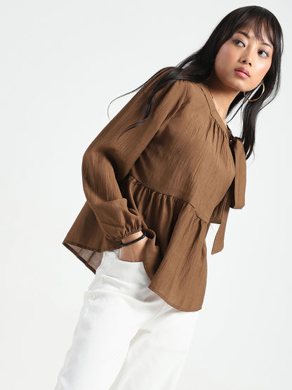 Dark Brown Bow Tie Peplum Stylish Long Sleeve Top
