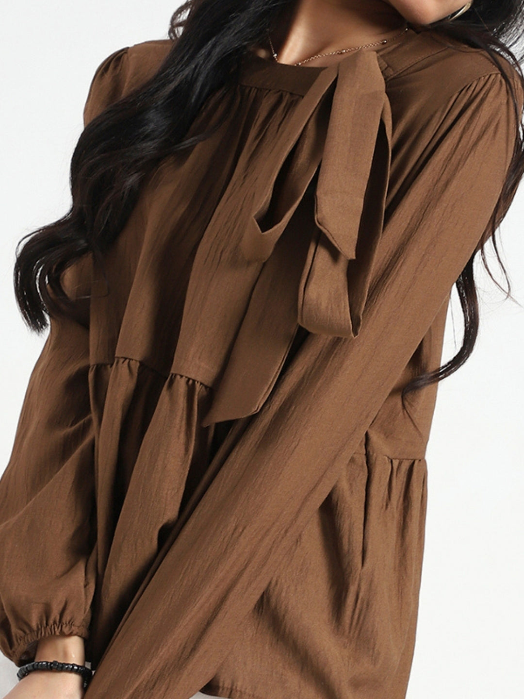 Dark Brown Bow Tie Peplum Stylish Long Sleeve Top