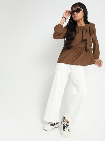 Dark Brown Bow Tie Peplum Stylish Long Sleeve Top