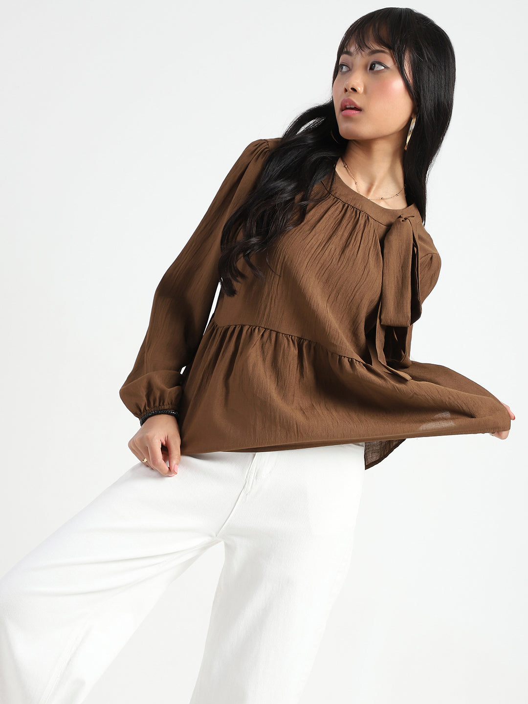Dark Brown Bow Tie Peplum Stylish Long Sleeve Top