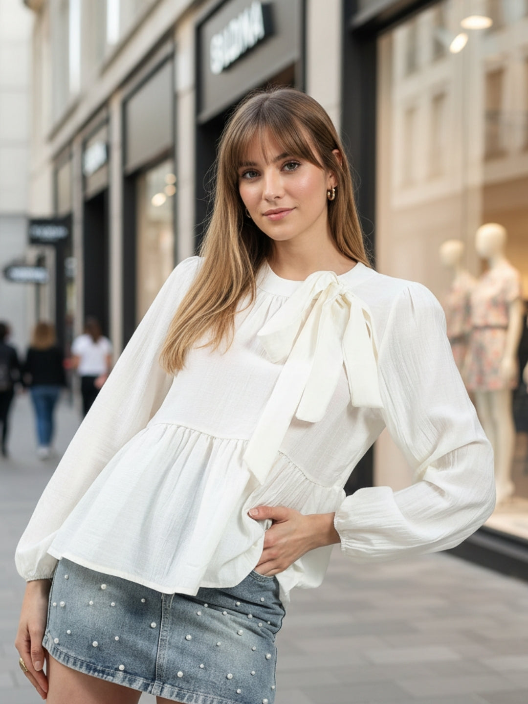 Offwhite Bow Tie Peplum Stylish Long Sleeve Top