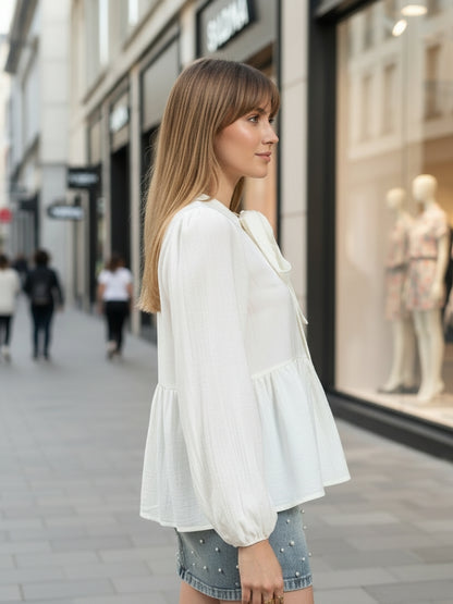 Offwhite Bow Tie Peplum Stylish Long Sleeve Top