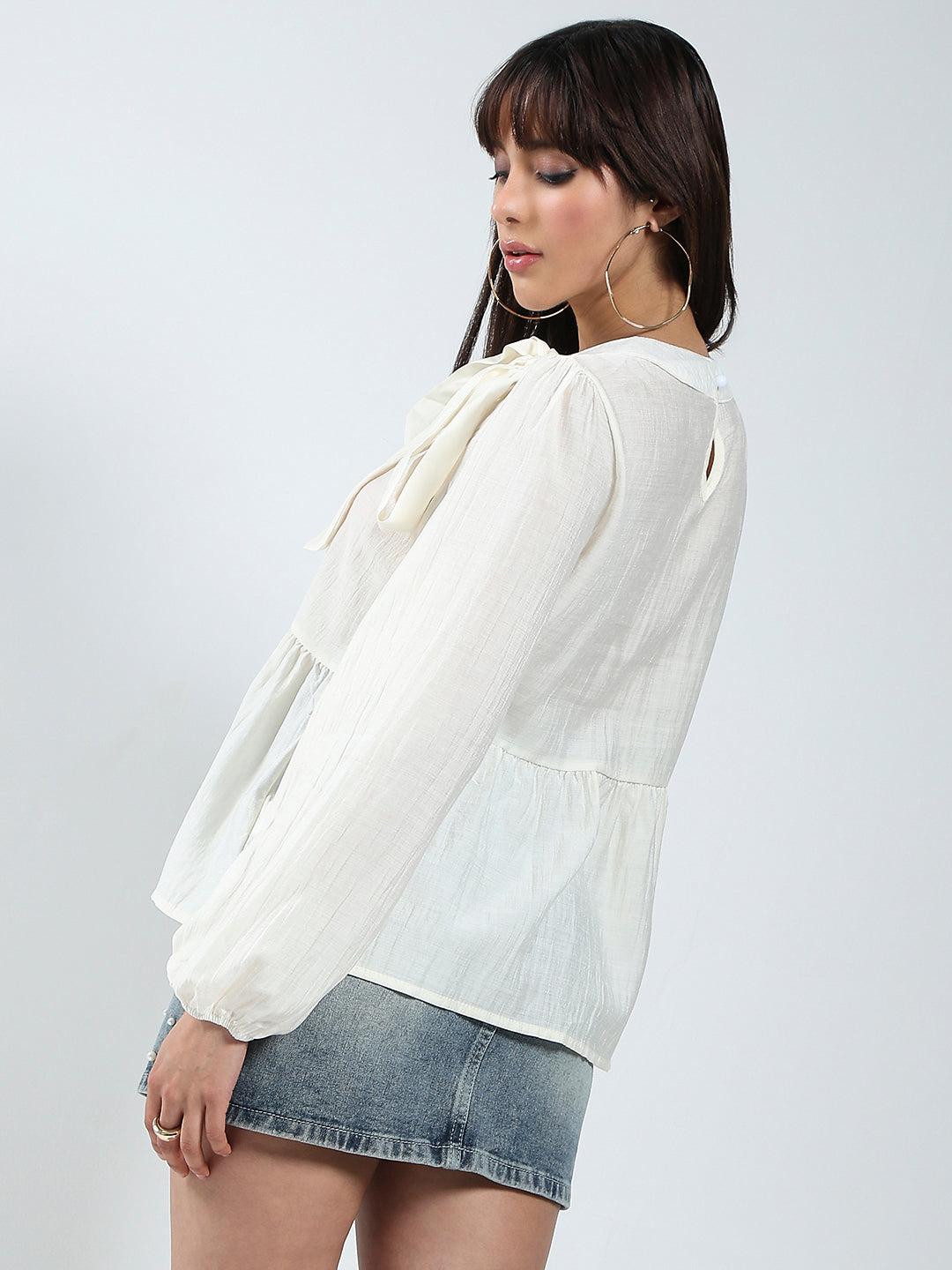 Offwhite Bow Tie Peplum Stylish Long Sleeve Top