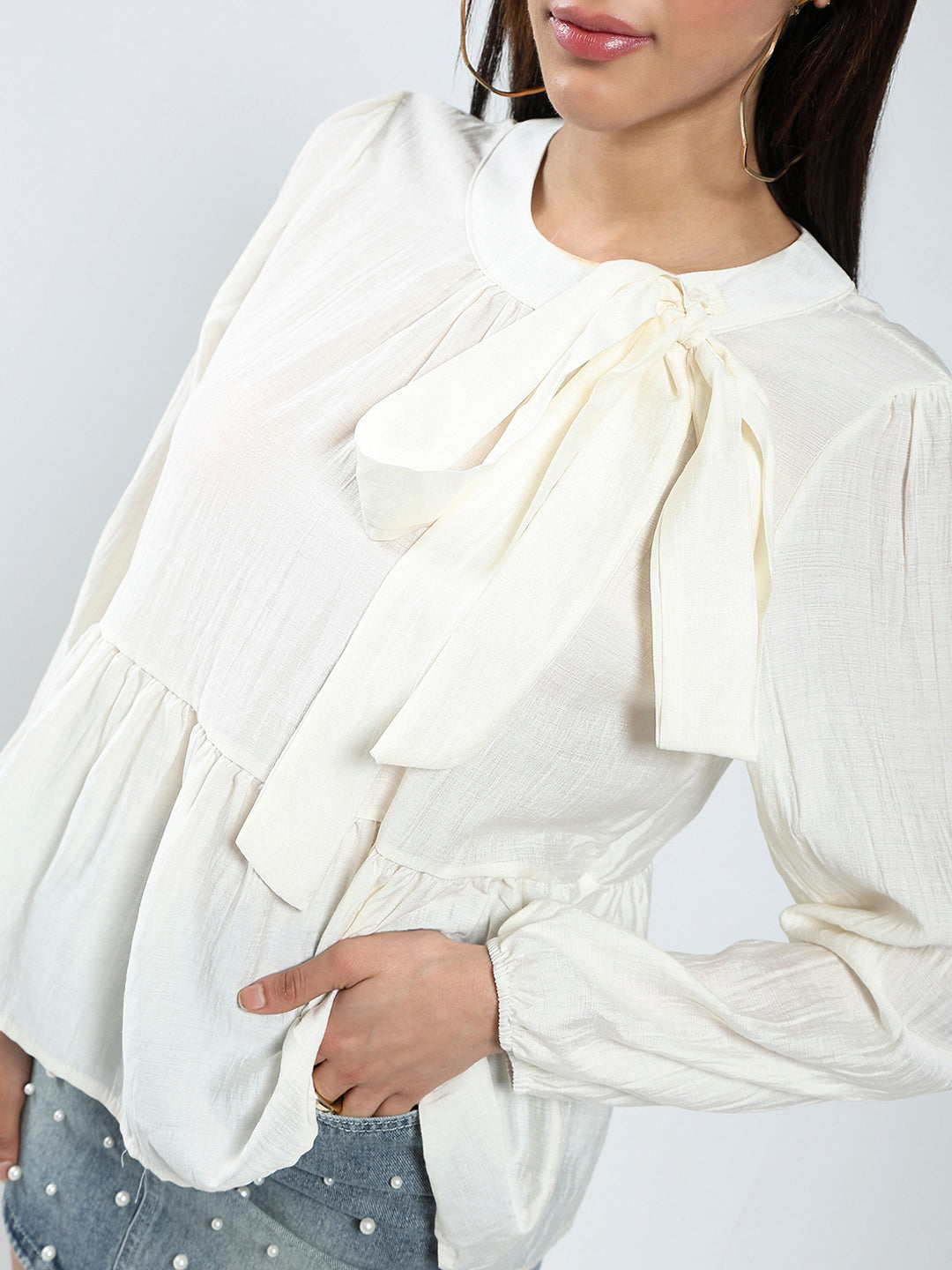 Offwhite Bow Tie Peplum Stylish Long Sleeve Top