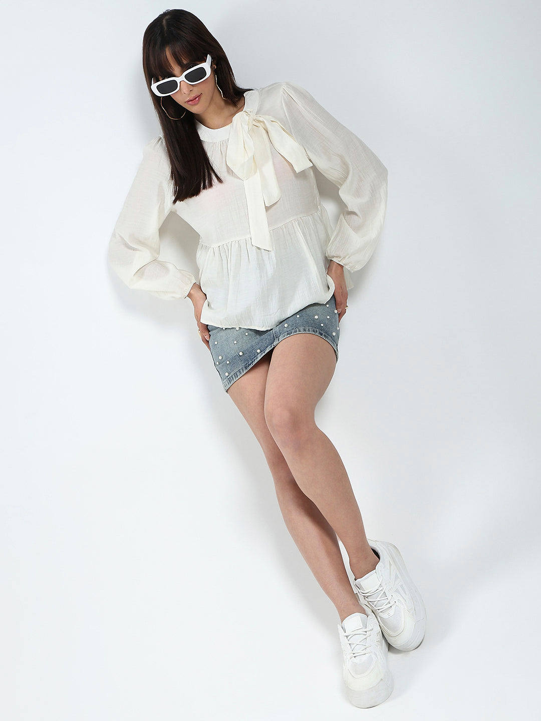 Offwhite Bow Tie Peplum Stylish Long Sleeve Top