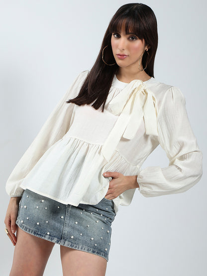 Offwhite Bow Tie Peplum Stylish Long Sleeve Top