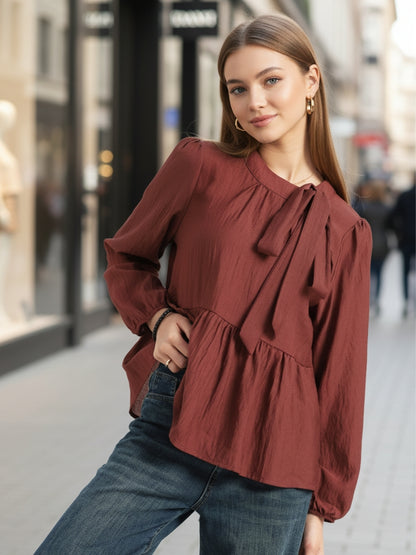 Rust Bow Tie Peplum Stylish Top