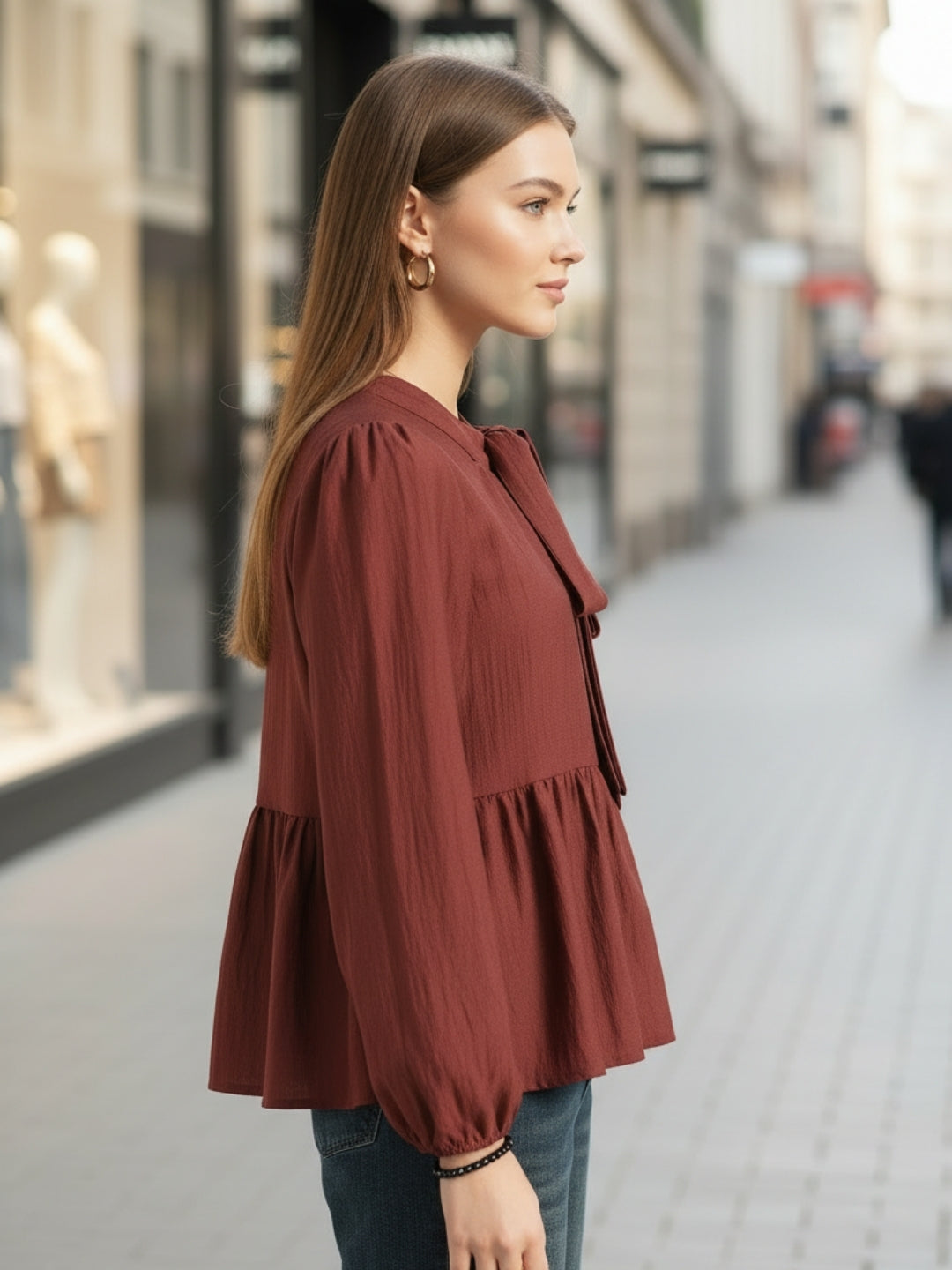 Rust Bow Tie Peplum Stylish Top