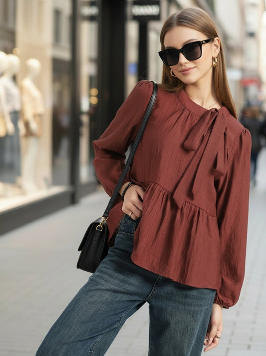 Rust Bow Tie Peplum Stylish Top