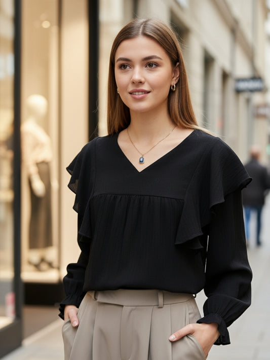 Black Cotton Nylon Ruffle Top