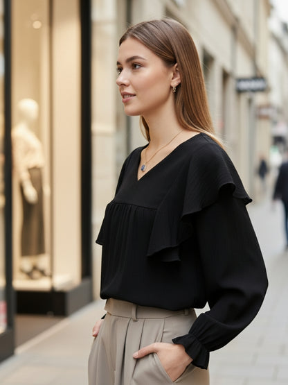 Black Cotton Nylon Ruffle Top