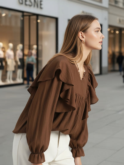 Brown Cotton Nylon Ruffle Top