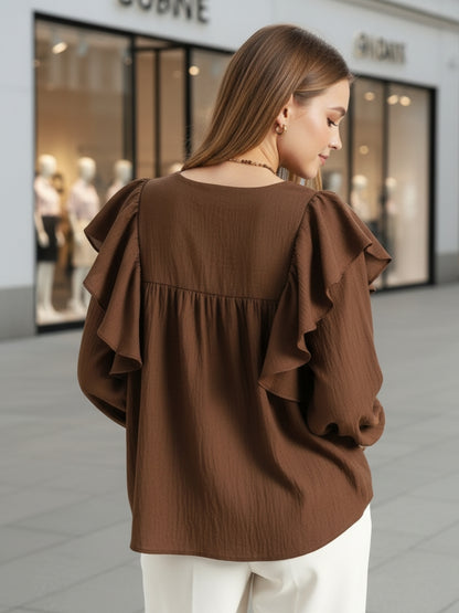 Brown Cotton Nylon Ruffle Top